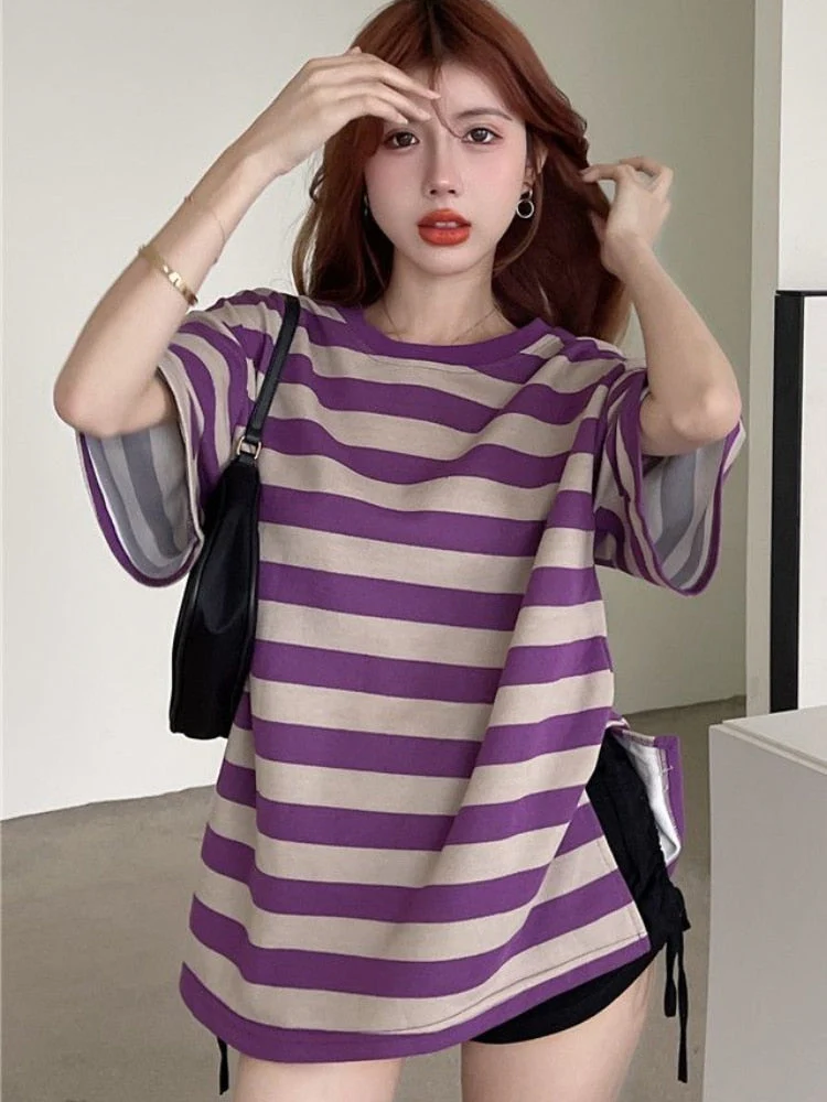 Hulianfu Striped T-shirts Women Slit M-4XL Streetwear Loose Summer Simple Short Sleeve All-match Students Ulzzang Fashion Casual Ins BF - Deanwangkt