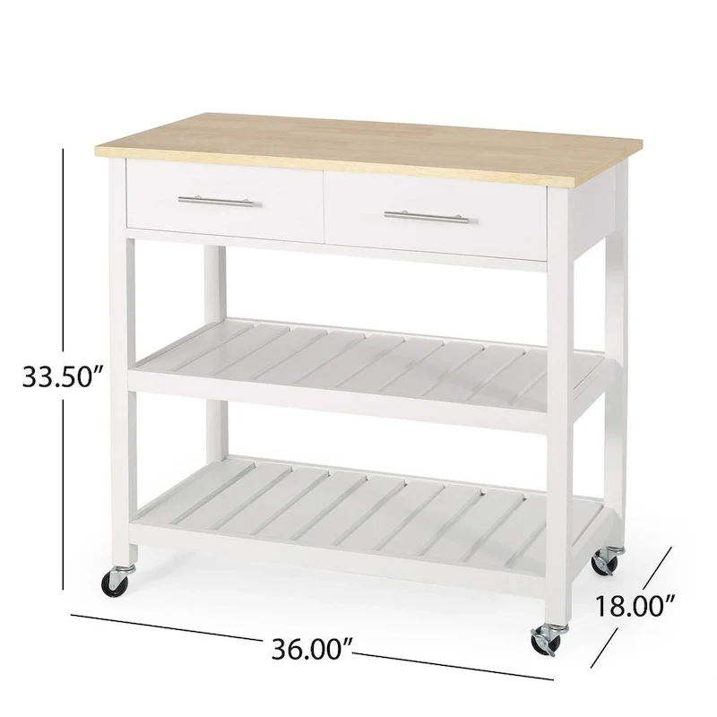 Modern White Wood Kitchen Cart with Wheels Drawers and Shelves by