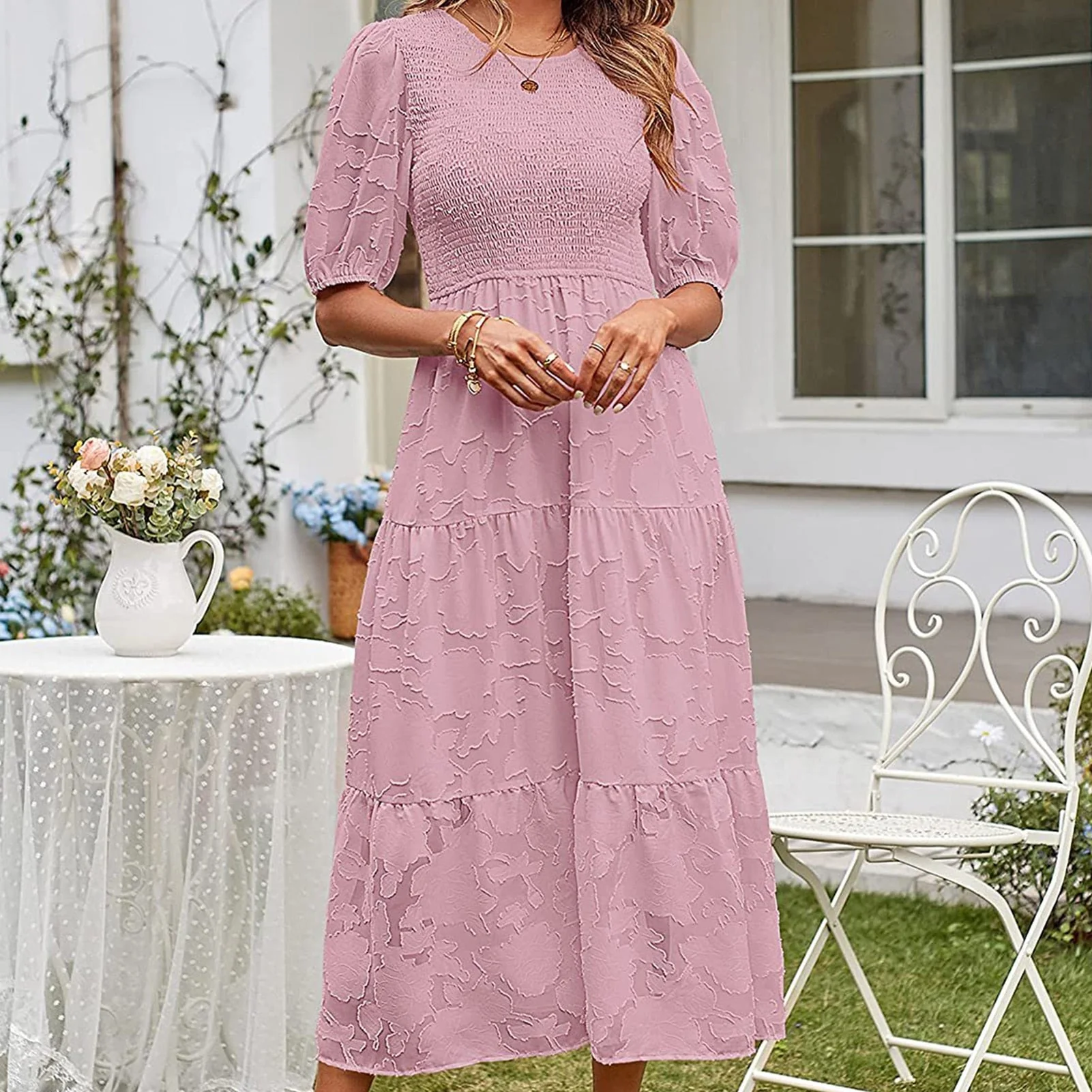 New Summer Women Fashion Puff Sleeve O-Neck Long Dress Casual Solid Printed Button Dress Female Slim Big Hem Office Dresses - Deanwangkt