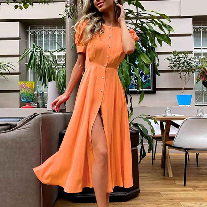 Hulianfu Women's Summer Long Dress Slit 2026  Orange Elegant Short Sleeve Maxi Dresses Office Ladies Buttons Holiday Shirt Dress For Women - Deanwangkt