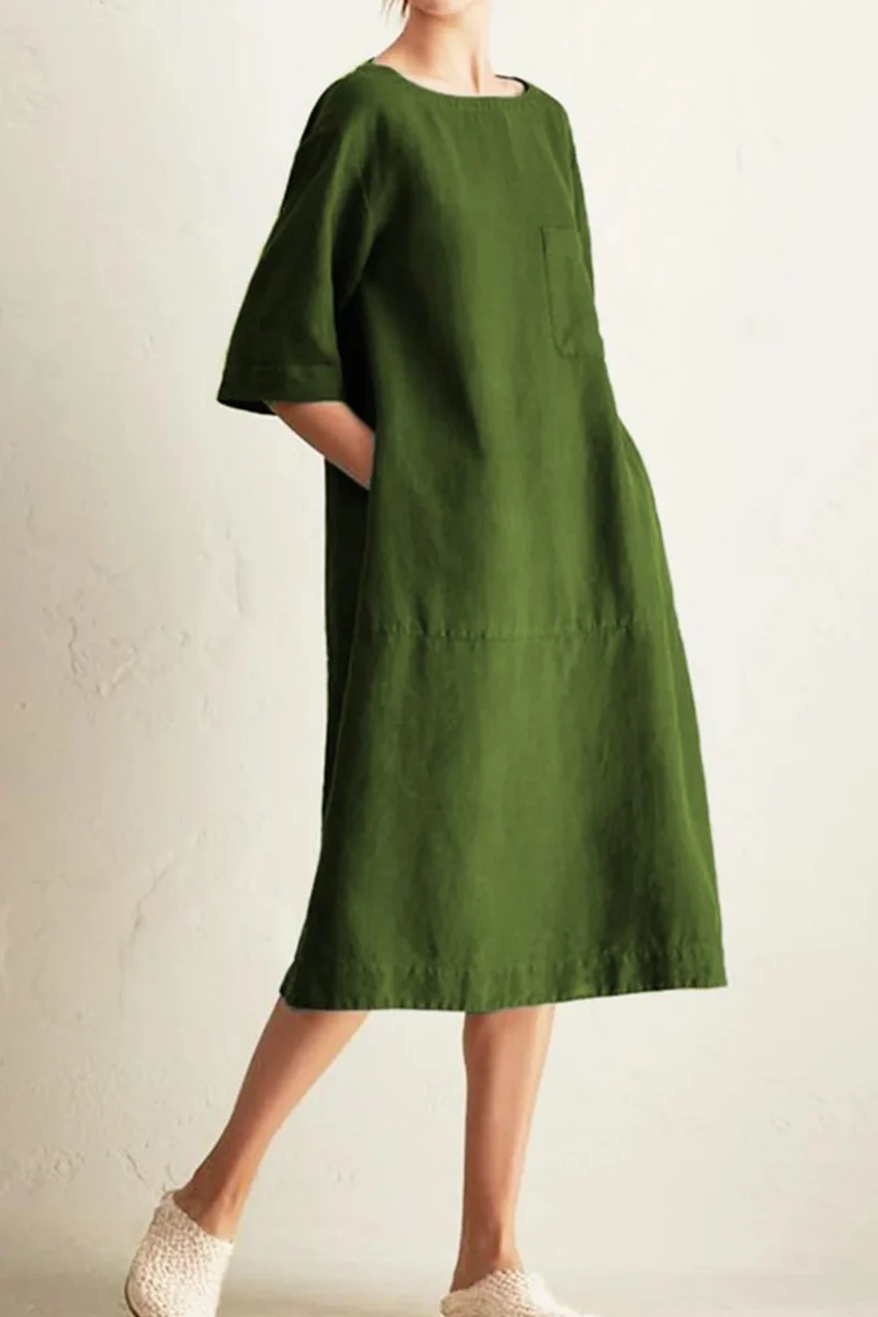hulianfu - Casual Solid Patchwork Pocket O Neck A Line Dresses(6 Colors) - Deanwangkt