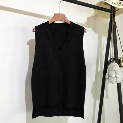 Autumn Women's Sweater Vest V-neck Sleeveless Irregular Casual Loose Knitted Pullover Tops Female Outerwear - Deanwangkt
