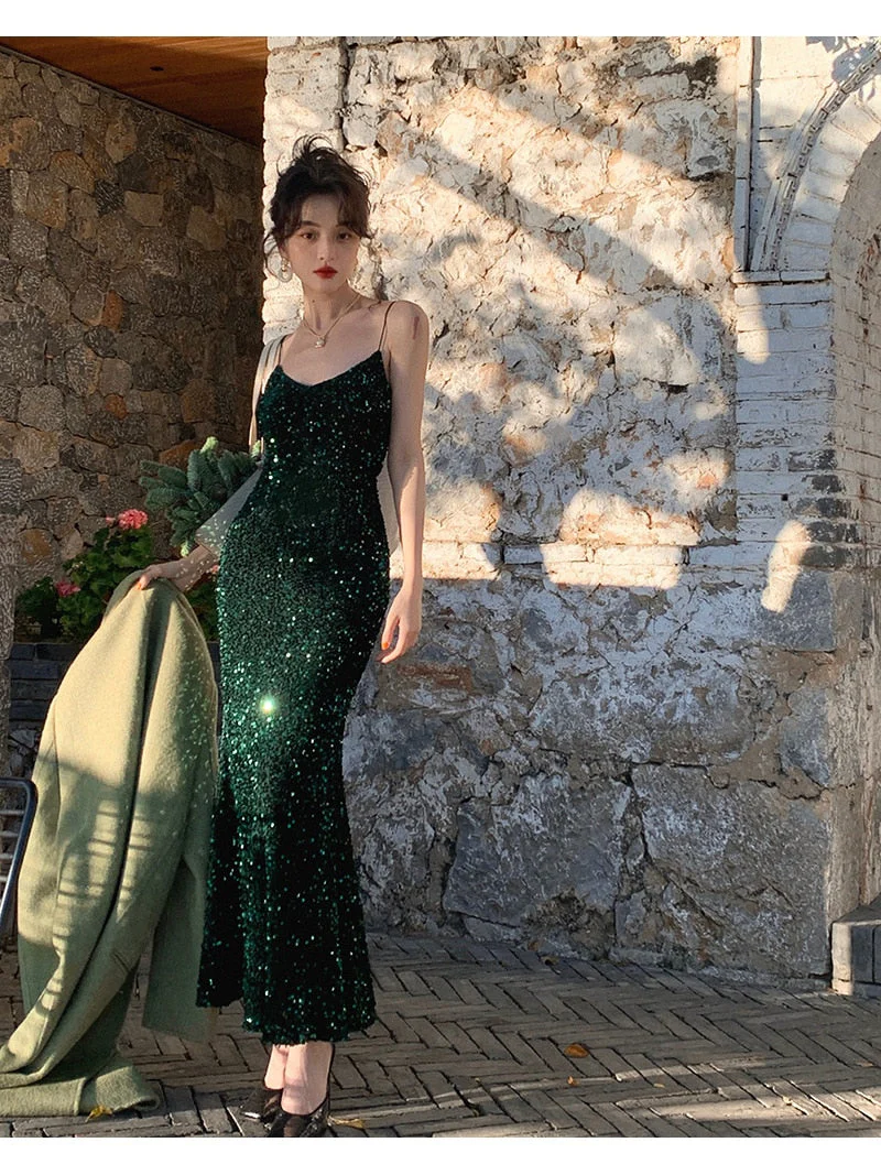 Hulianfu Maxi Long Sequin Dress Sexy Red Glitter Bodycon Wedding Guest Birthday Party Dresses Elegant Occasion Dress for Women - Deanwangkt