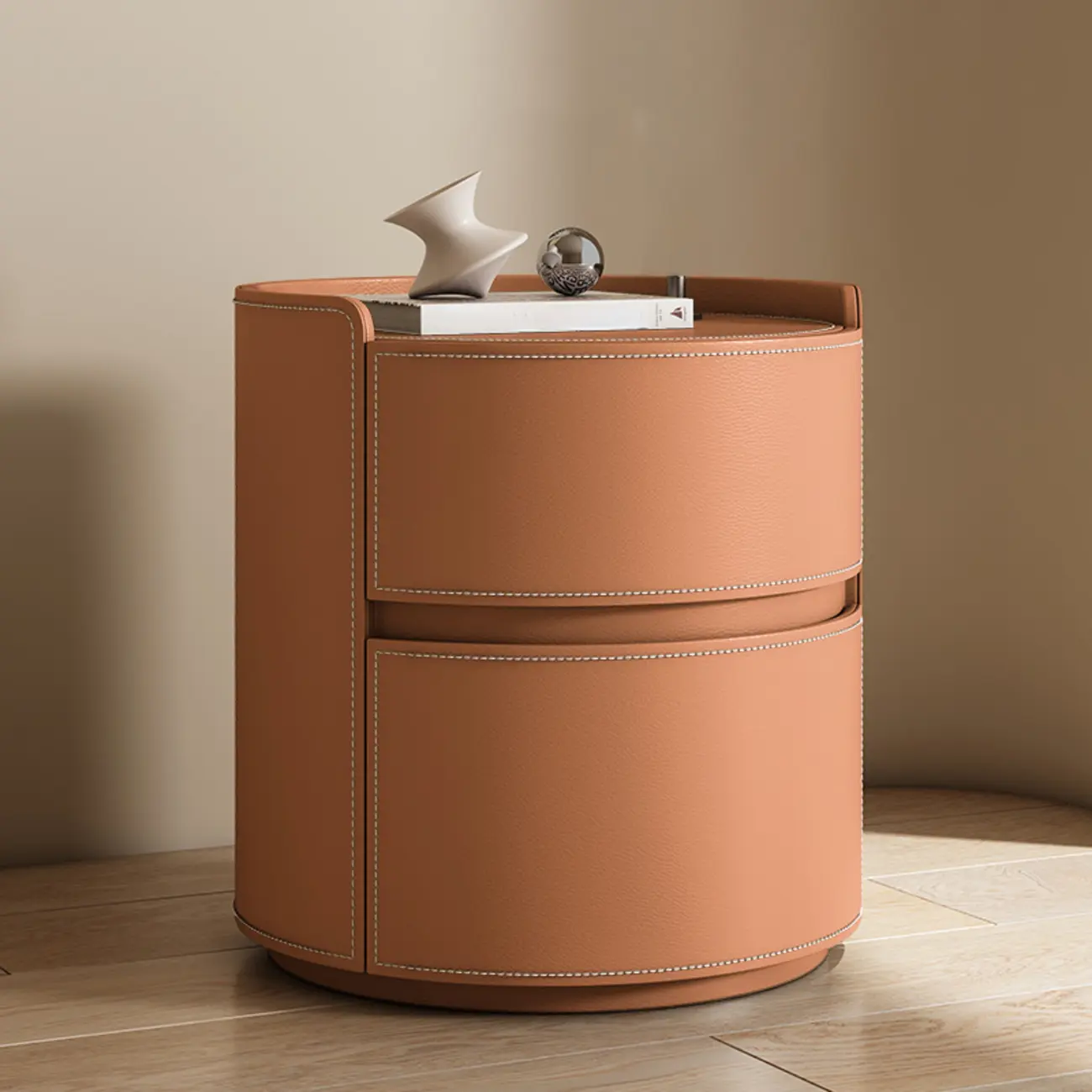 Modern Leather Tray Round 2-Drawer Nightstand