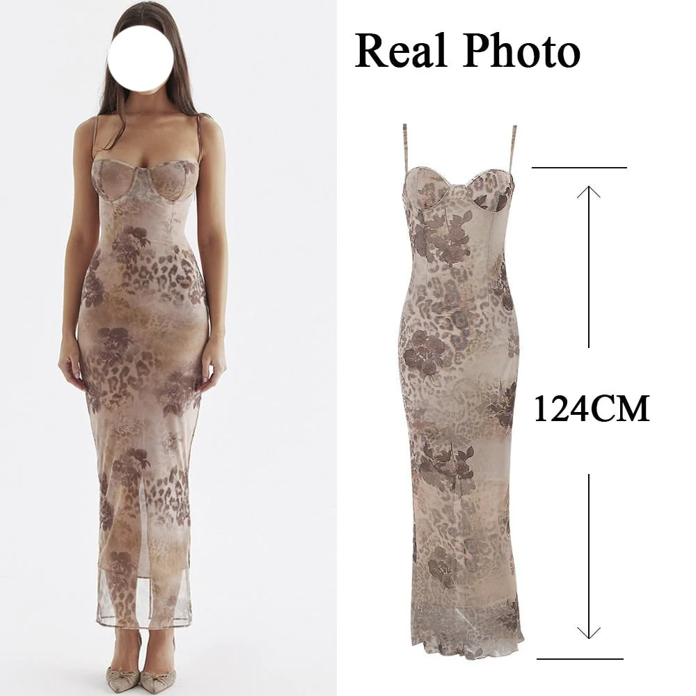 Hulianfu Floral Print Maxi Prom Dress Sexy Mesh Celebrity Evening Party Dresses Bodycon Spaghetti Strap Summer Women Dresses - Deanwangkt