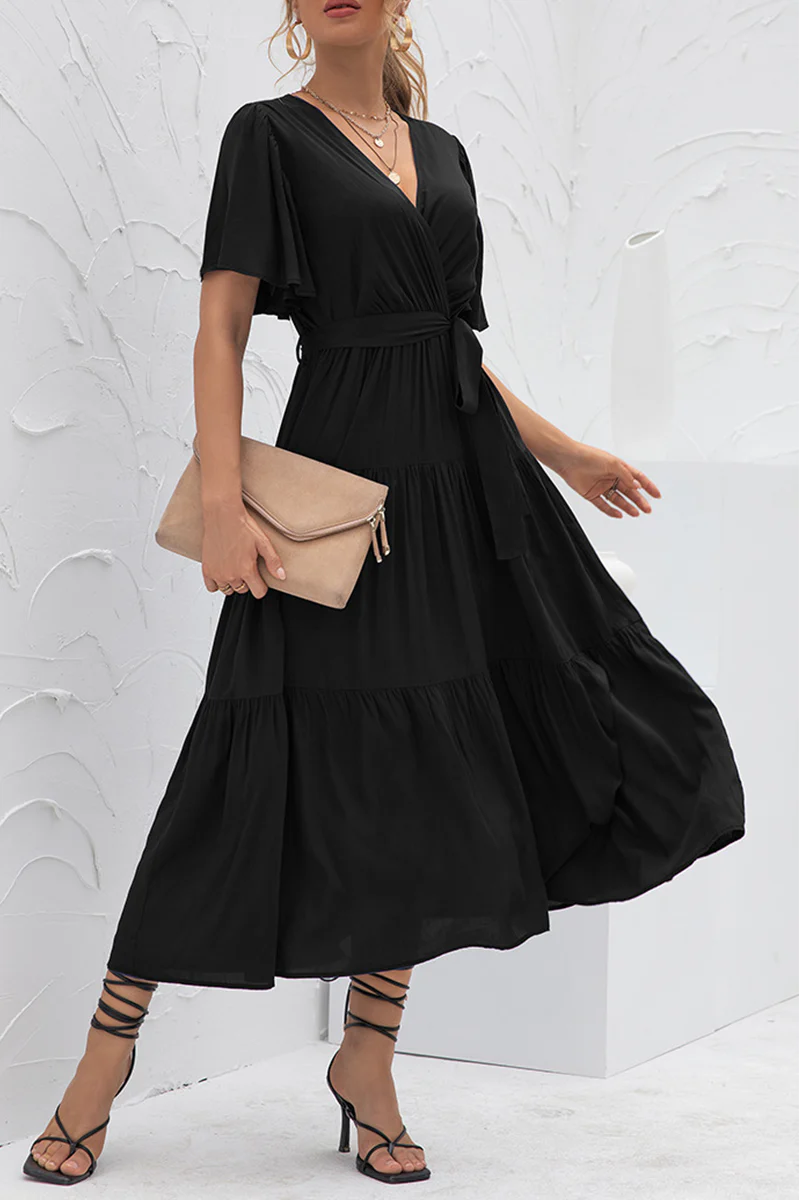 hulianfu Elegant Solid Patchwork With Belt V Neck Cake Skirt Dresses - Deanwangkt