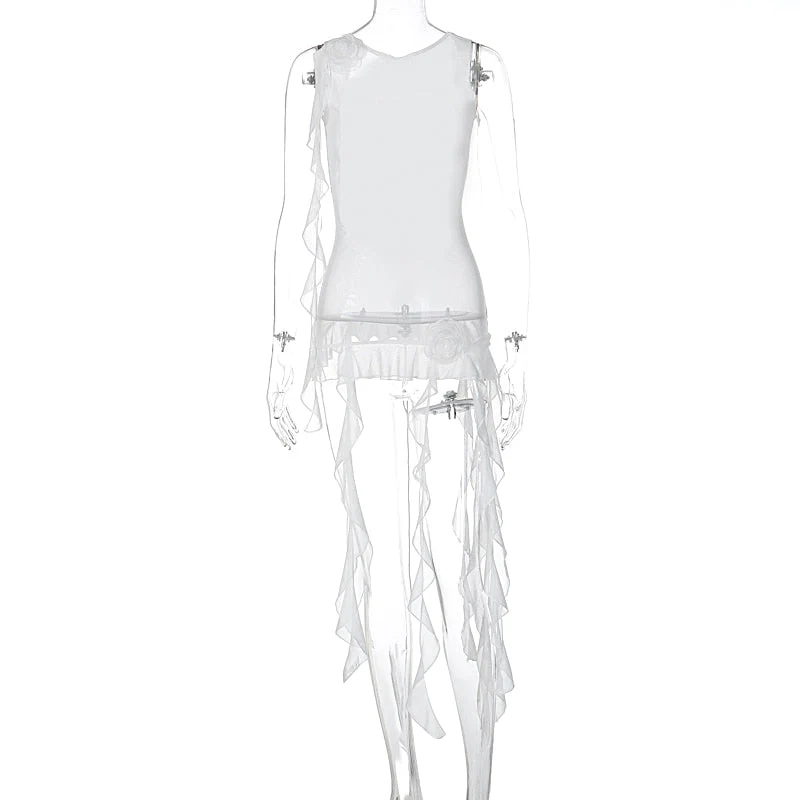 Hulianfu Mesh Sleeveless Backless Solid Tassel See Through Sexy Slim Top T Shirt Autumn Women Kawaii Party Club Halloween - Deanwangkt