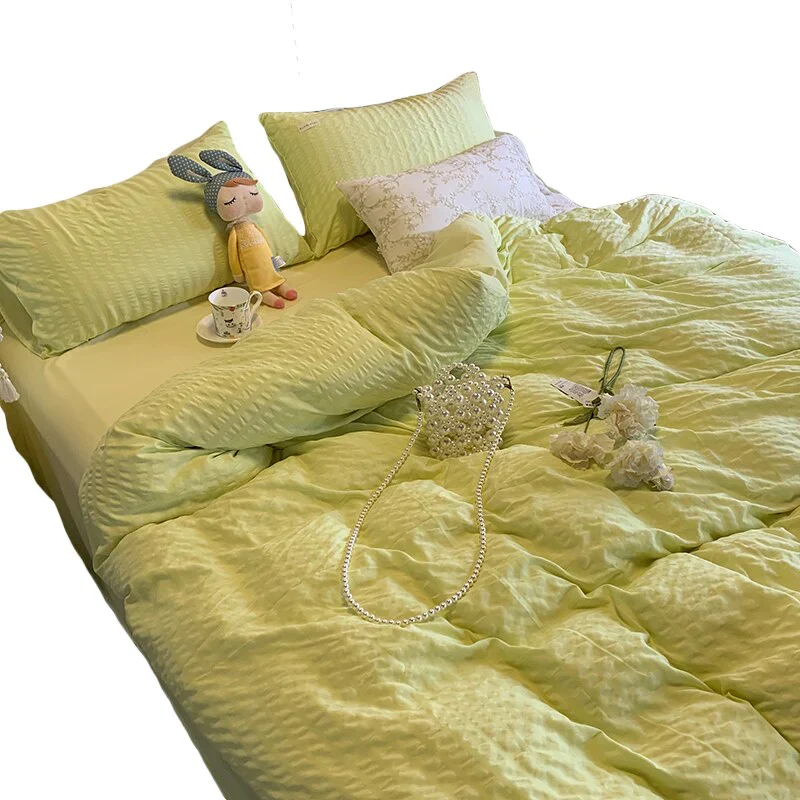 HULIANFU Nordic Style Green Puff Duvet Cover Simple Light Luxury Bedding Four Piece Set Duvet Cover Bed Sheet For Bedroom - Deanwangkt