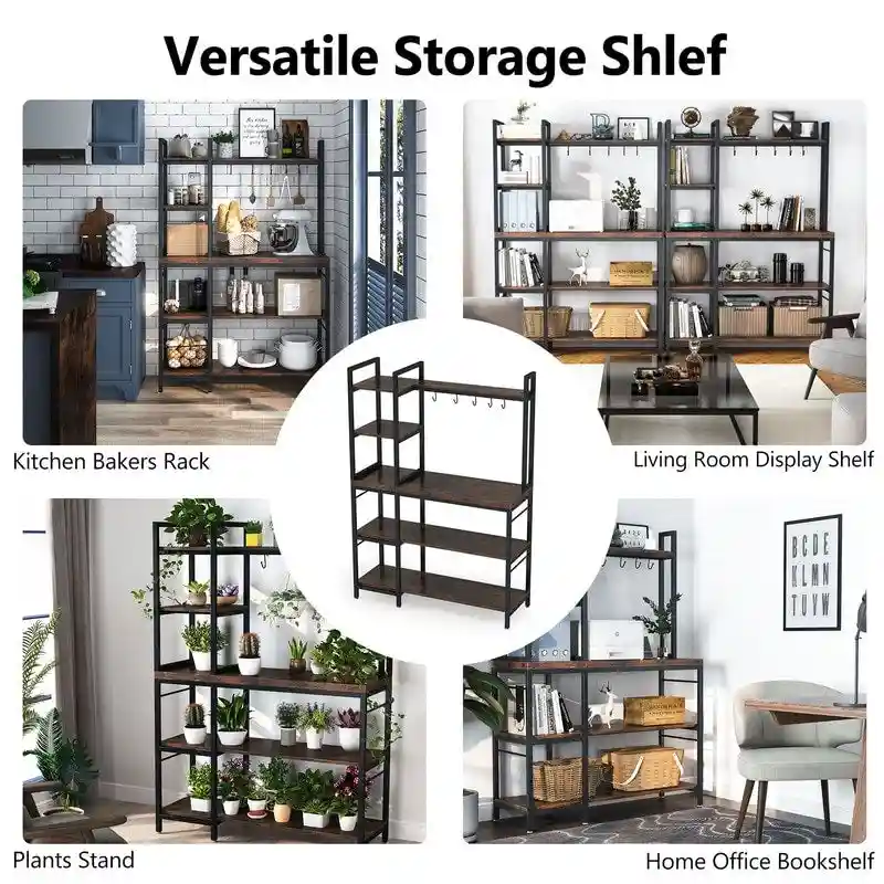 4-Tier Rustic Brown Bakers Rack with S-Shape Hooks