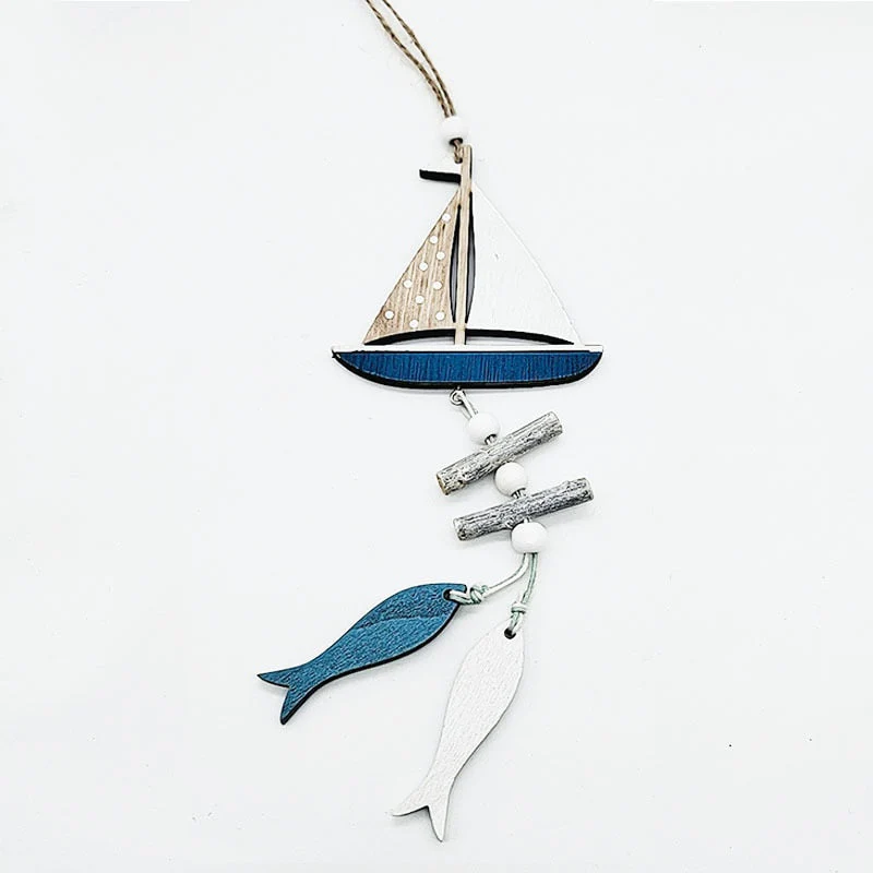 HULIANFU Wooden Fish Sailboat Rudder Hanging Decoration Beach Theme Wall Decor Door Crafts Wind Chimes Ornament Nautical Pendants Gifts - Deanwangkt