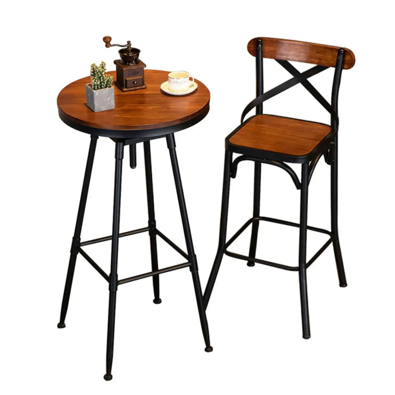 Rustic Wooden Adjustable Pub Bar Table with Metal Footrest