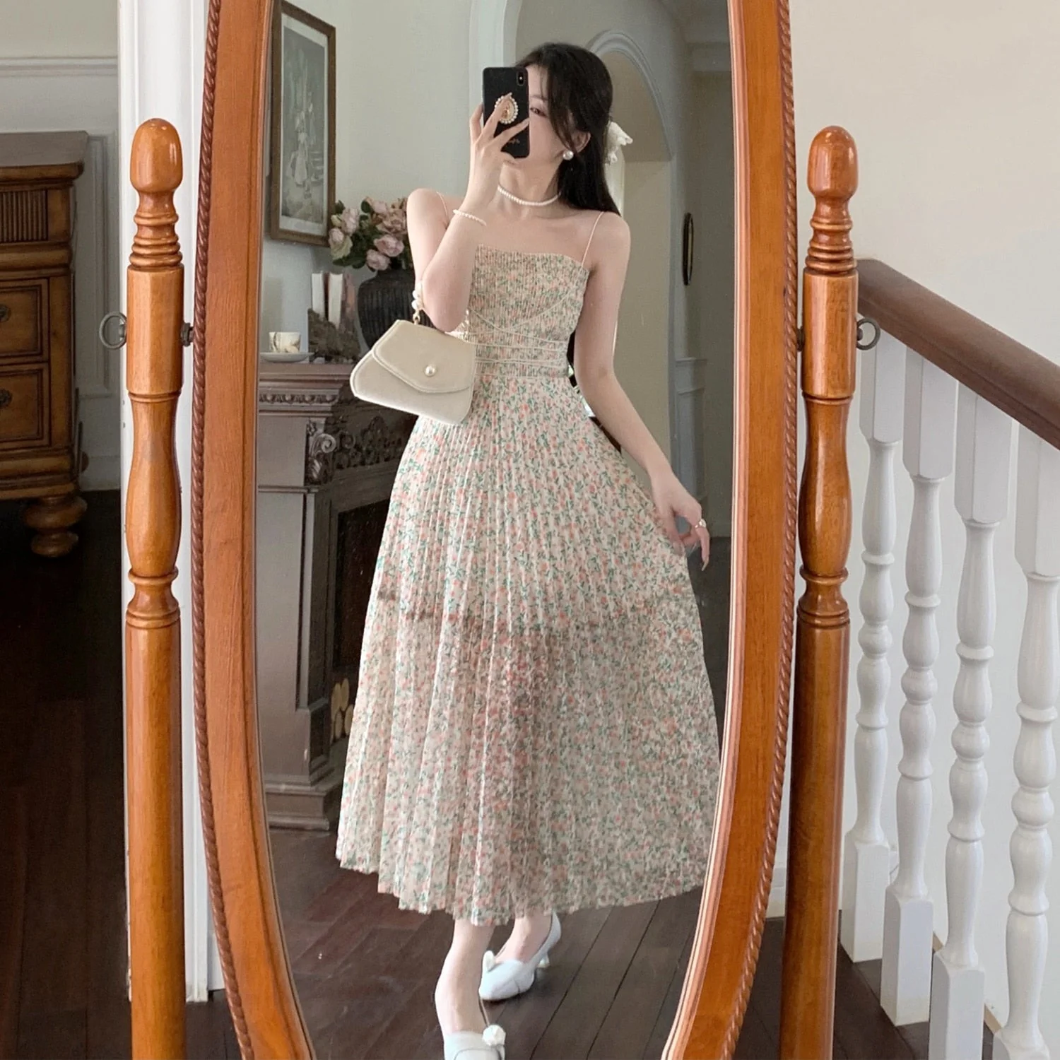French Style Summer Vintage Floral Pleated Dress Women Spaghetti Strap High Waist Pleated Beach Dress - Deanwangkt