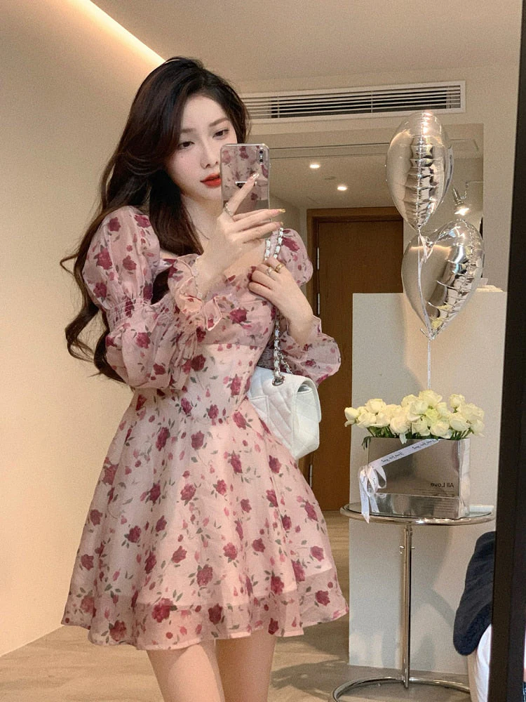 Hulianfu Vintage Sweet Korean Fashion Floral Bodycon Mini Dress for Women Party Beach Long Sleeve Casual Dresses Elegant Summer 2026  Pink - Deanwangkt