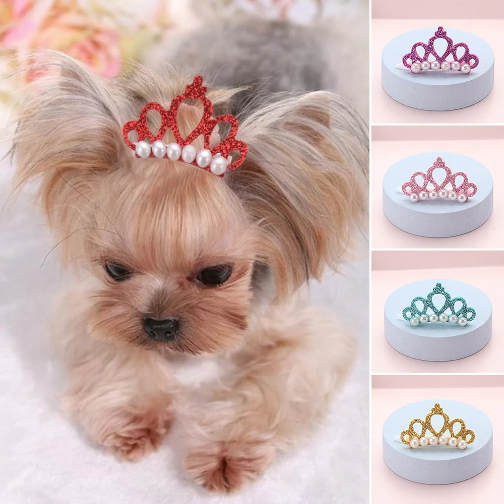 HULIANFU Pet Small Dogs Cat Faux Pearl Crown Shape Bows Hair Clips Head Decoration For Pets Puppy Hairpins Decor Grooming Accessoires - Deanwangkt