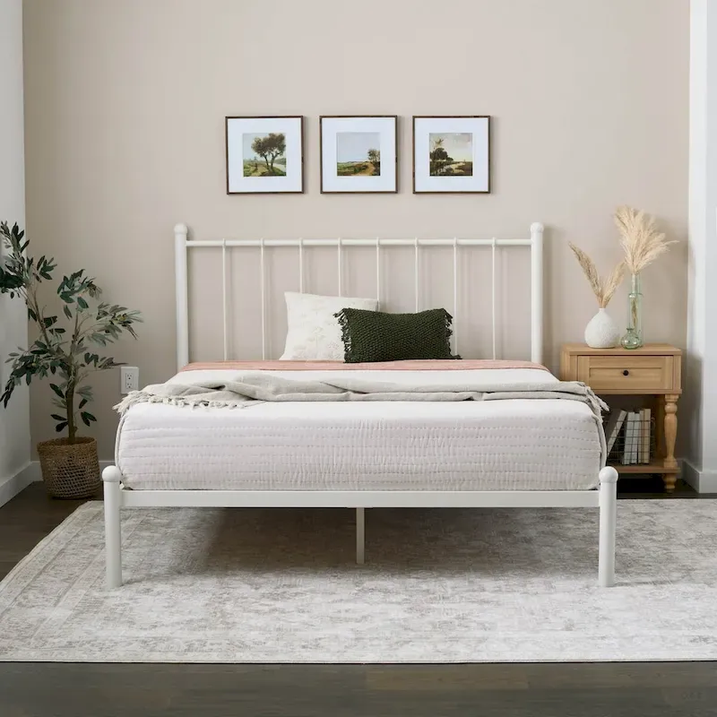 Brookside Phoebe Metal Platform Bed with Vertical Bar Metal Headboard and Round Accents