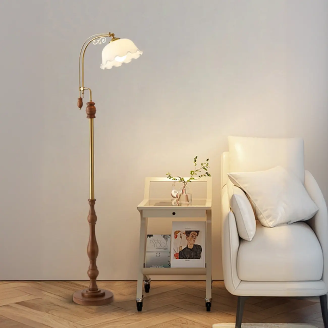 Classic Walnut Wood Glass Floral Shade Metal Arc Floor Lamp