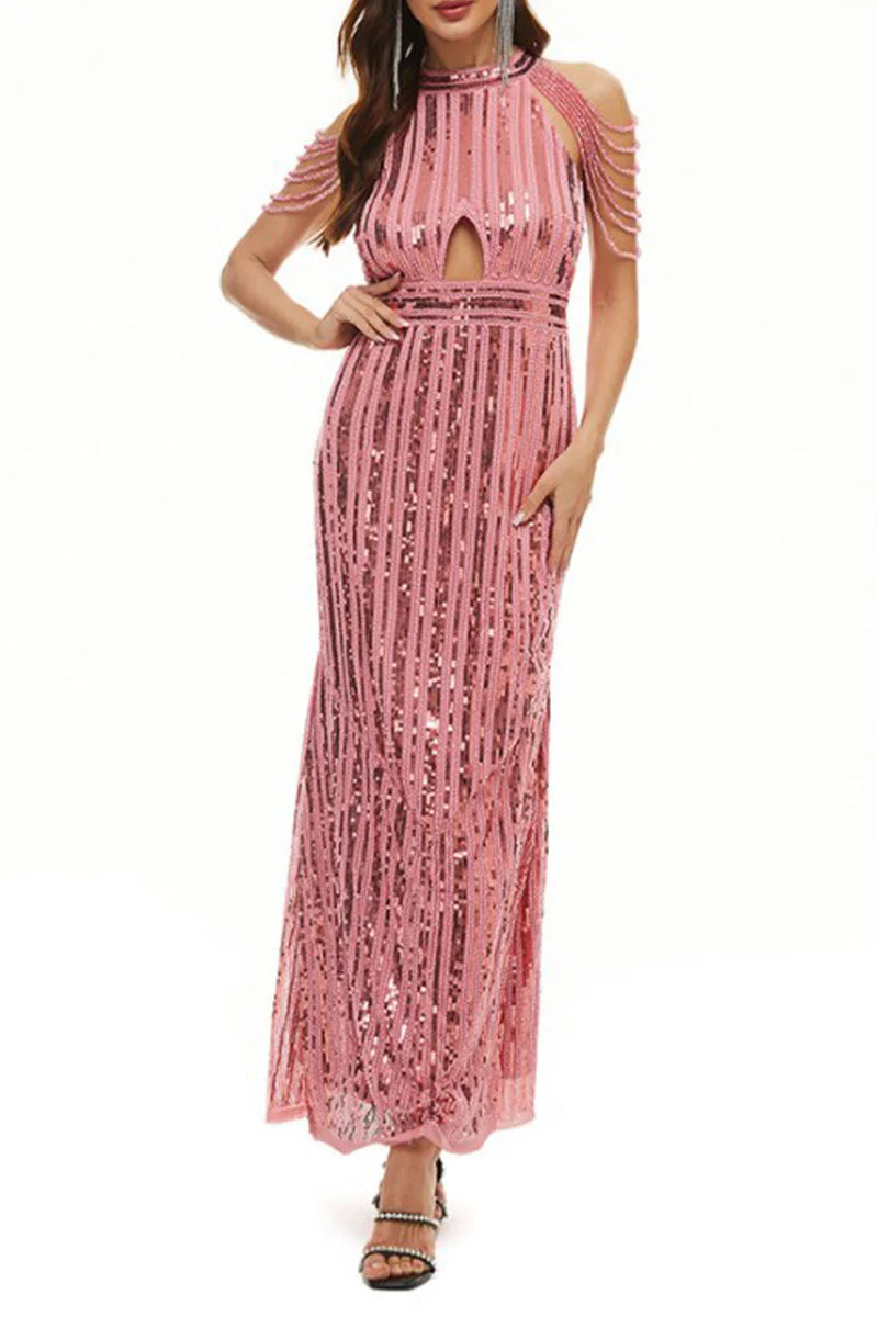 hulianfu Celebrities Elegant Solid Sequins Patchwork O Neck Evening Dress Dresses - Deanwangkt