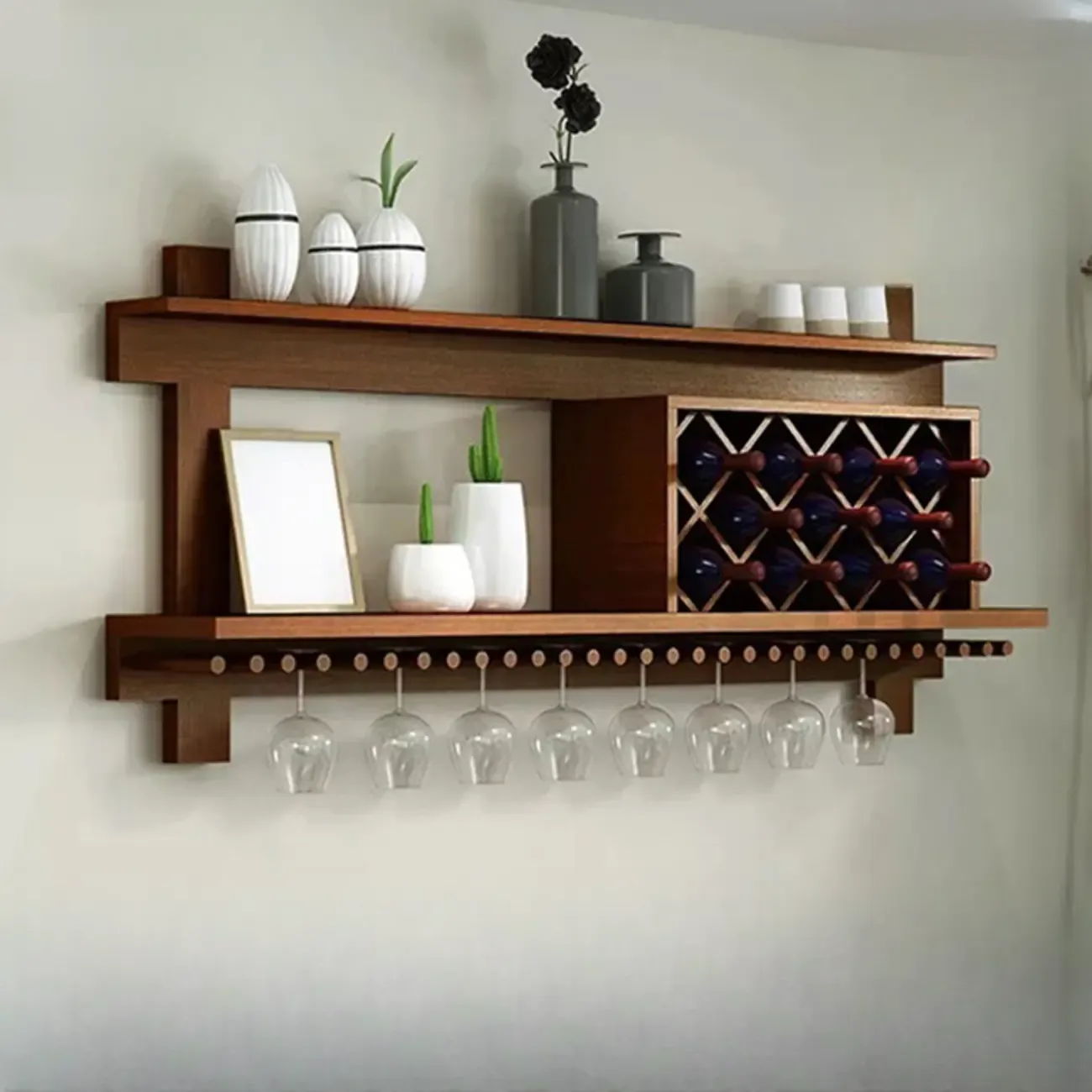 Vintage Hanging Wine Bottle and Glass Rack with Shelf