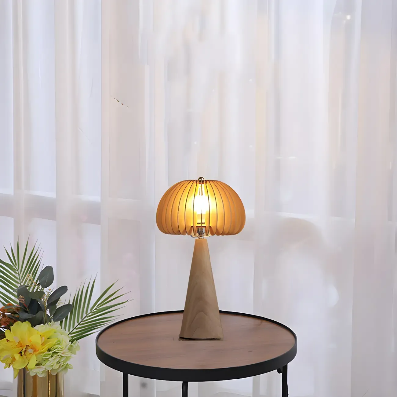 Art Deco Yellow Wooden Mushroom-Shaped LED Table Lamp