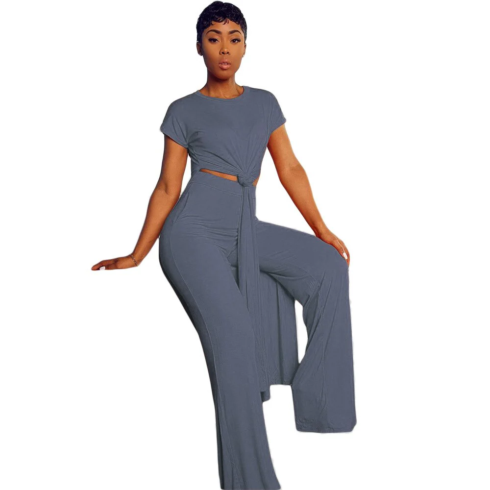 New Arrival Fashion Design two pieces  Sexy Women Set Solid O-neck Long Top  And  Long Pants  Summer  Outfits - Deanwangkt