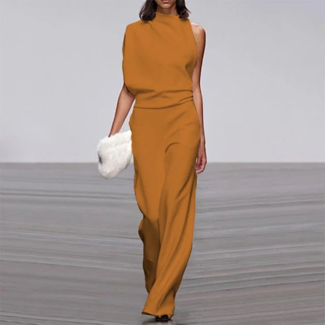 Elegant Woman Female Jumpsuit Overalls for Women women's Summer Solid Color Sleeveless Wide Leg Jumpsuits Loose Work Wear - Deanwangkt