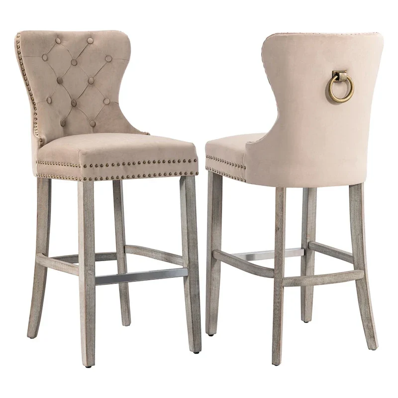 Carter 29 Wingback Tufted Nailhead Bar Stool (Set of 2), Antique Grey Legs