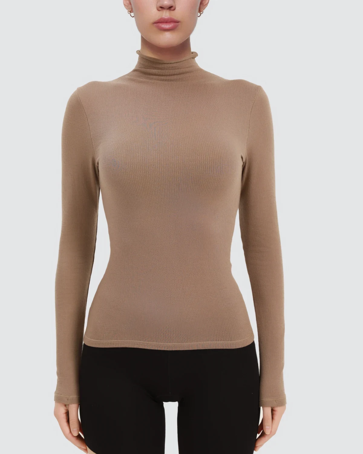 Kardashian-inspired mock-neck ribbed knitted wool-blend base layer top for women, slim long-sleeve shirt that can be worn alone or outside