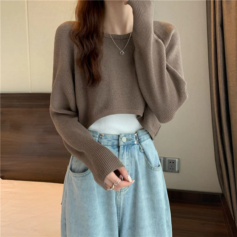 Hulianfu New Autumn Women Solid Sweater O-Neck Loose Sweater Pullover Crop Top Sweaters Shirts Femme Knit Outwear Jumpers - Deanwangkt