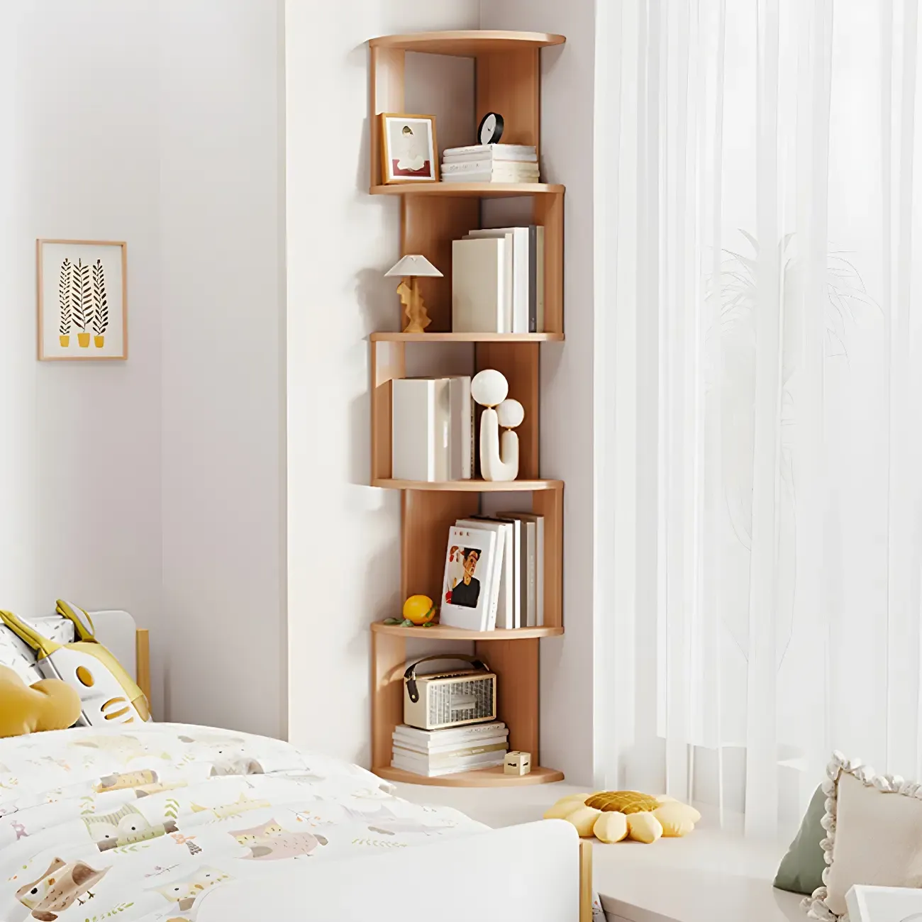 Tall 5-Tier Wooden Corner Bookcase for Small Spaces