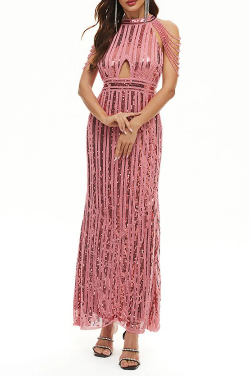 hulianfu Celebrities Elegant Solid Sequins Patchwork O Neck Evening Dress Dresses - Deanwangkt