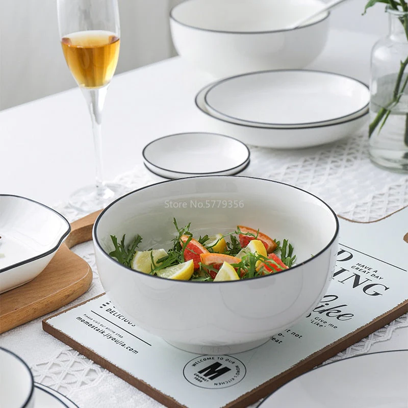HULIANFU White Dinner Plate Set Ceramic Kitchen Plate Tableware Set Food Dishes Rice Salad Noodles Bowl Soup Kitchen Cook Tool 1pc - Deanwangkt
