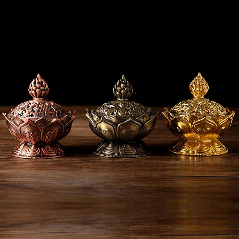 HULIANFU Lotus Flower Incense Burner Buddhism Buddha Holder Brass Mini Censer Incense Metal Craft Home Decoration - Deanwangkt