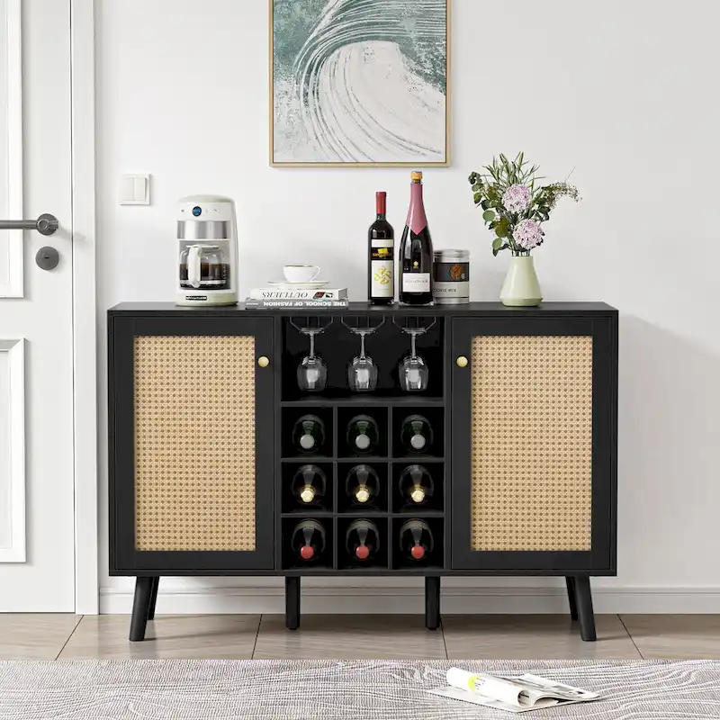 Anmytek Modern 2-Door Black Wood Rattan Kitchen Buffet Sideboard Coffee Bar Cabinet Server Table with Wine Rack