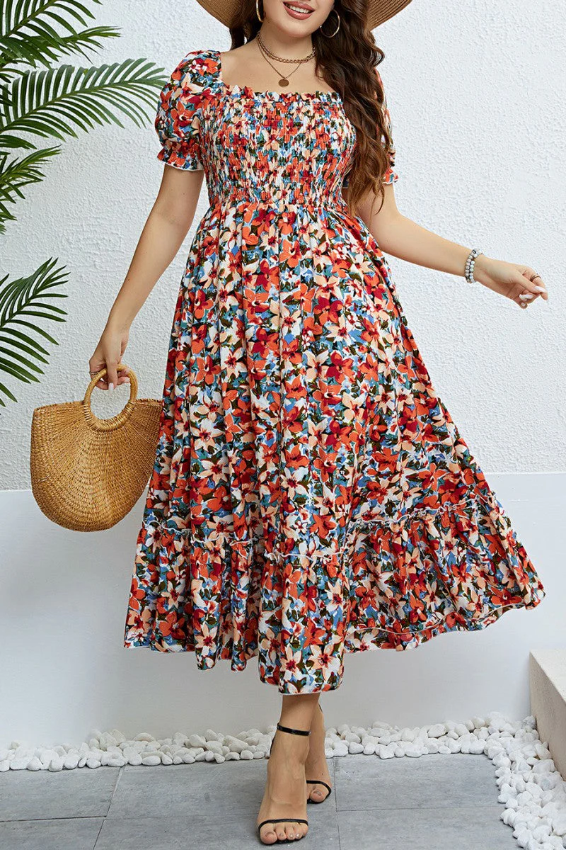 hulianfu Casual Print Patchwork Square Collar Short Sleeve Dress Plus Size Dresses - Deanwangkt