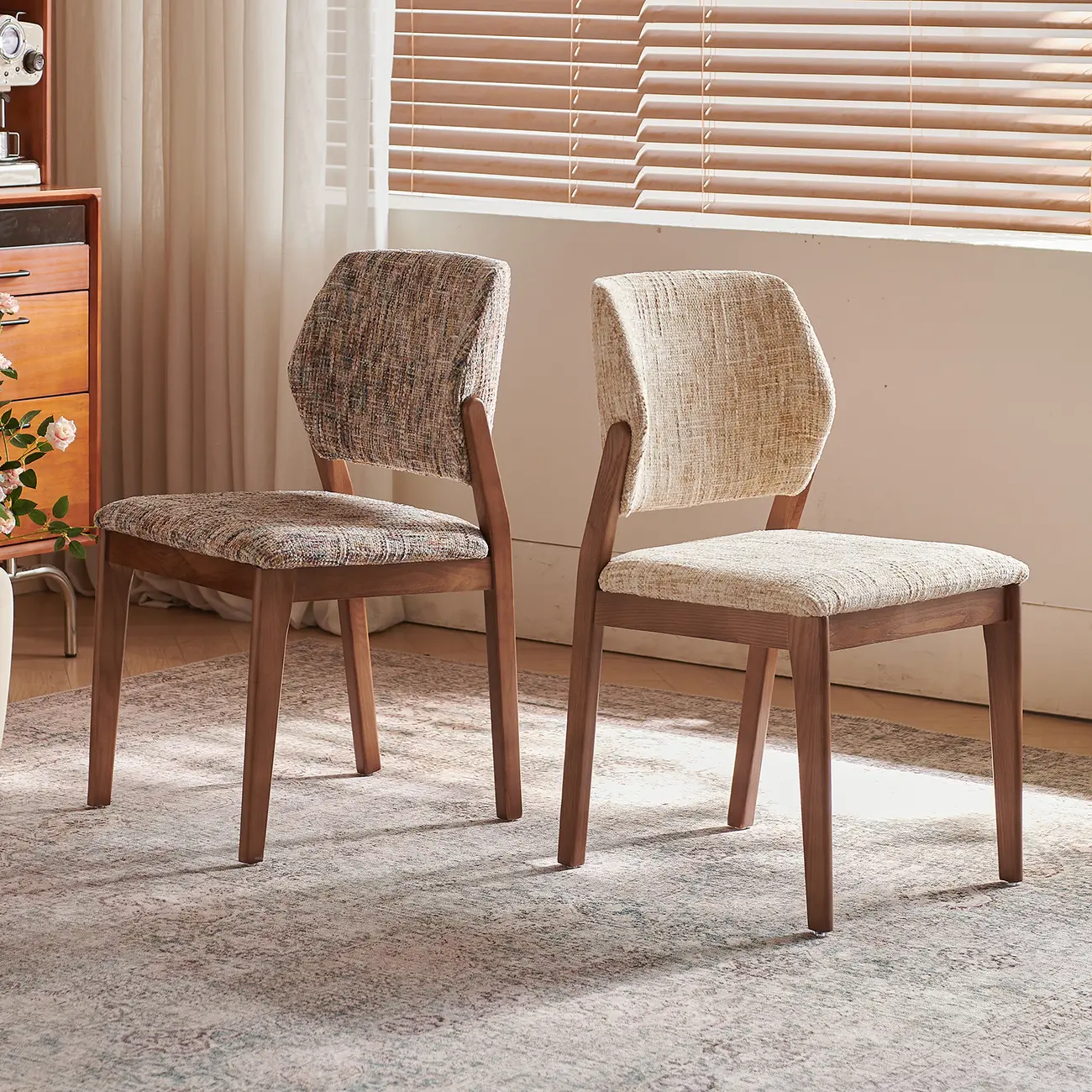 Mid Century Modern Wood Chenille Dining Chair Upholstery