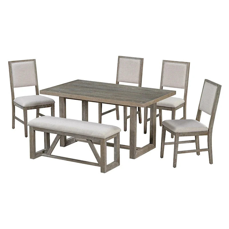 6 Piece Dining Table Chair Set, Wooden Kitchen Furniture Set with Acacia Wood Rectangular Table, 4 Chairs and 1 Bench