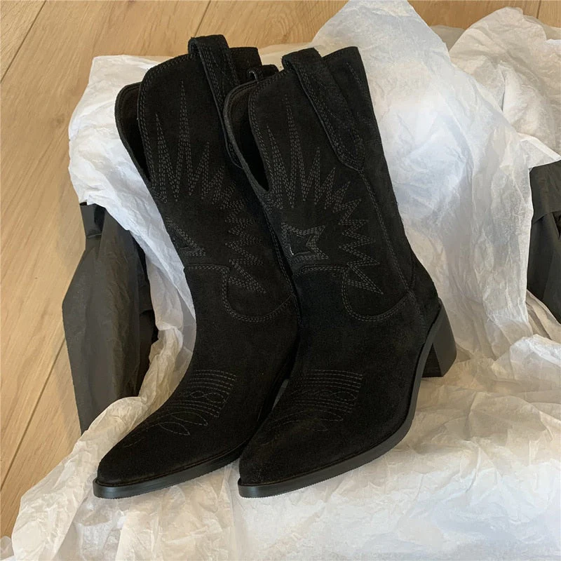 Natural Embroidered Women Boots Leather Handmade Pointed Toe Spike Heel Autumn Winter Boots Cowboy New Western Retro Botas - Deanwangkt