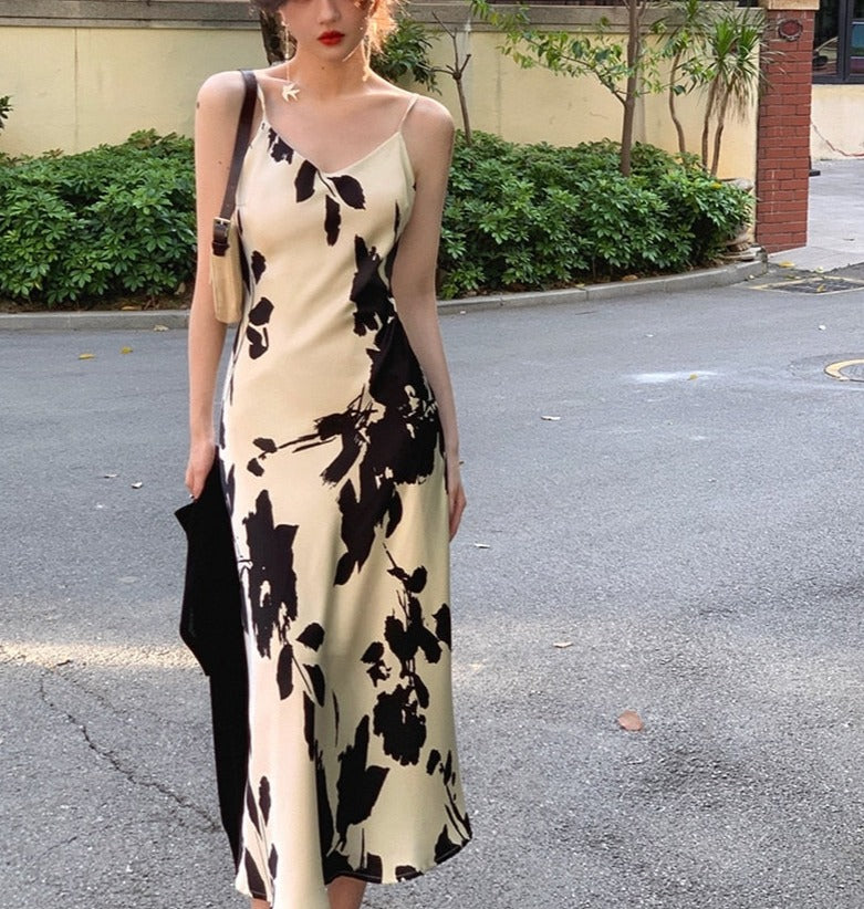 Hulianfu Vintage Elegant Print Spaghetti Strap Midi Dress for Women Party Fashion One Piece Bodycon Prom Robe Vestidos Summer Korean - Deanwangkt
