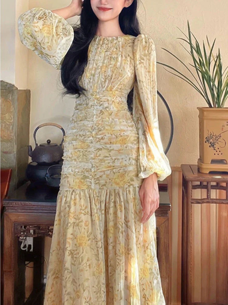 Hulianfu Floral Print Lace Midi Dresses for Women Clothing Elegant Long Sleeve Folds Party Prom Female Beach Bodycon Dress Summer 2026 - Deanwangkt