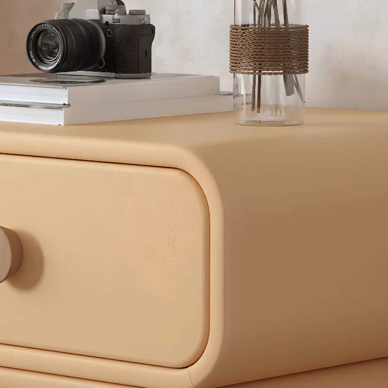 Pleather Scandinavian Nightstand With Faux Leather Finish