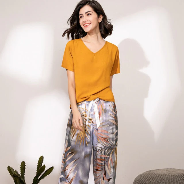 Breathable 2PCS Pajama Short Sleeve Printed Pijama Mujer Femme Loose Nightwear Suit Female Casual Homewear Pajama Set For Women - Deanwangkt