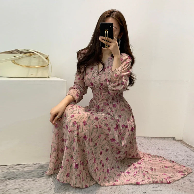 Hulianfu New Flower Dress Women Floral Chiffon Clothes Maxi Dresses Beach Elegant Autumn Pink Korean Long Sleeve V Neck Vestidos De Mujer - Deanwangkt