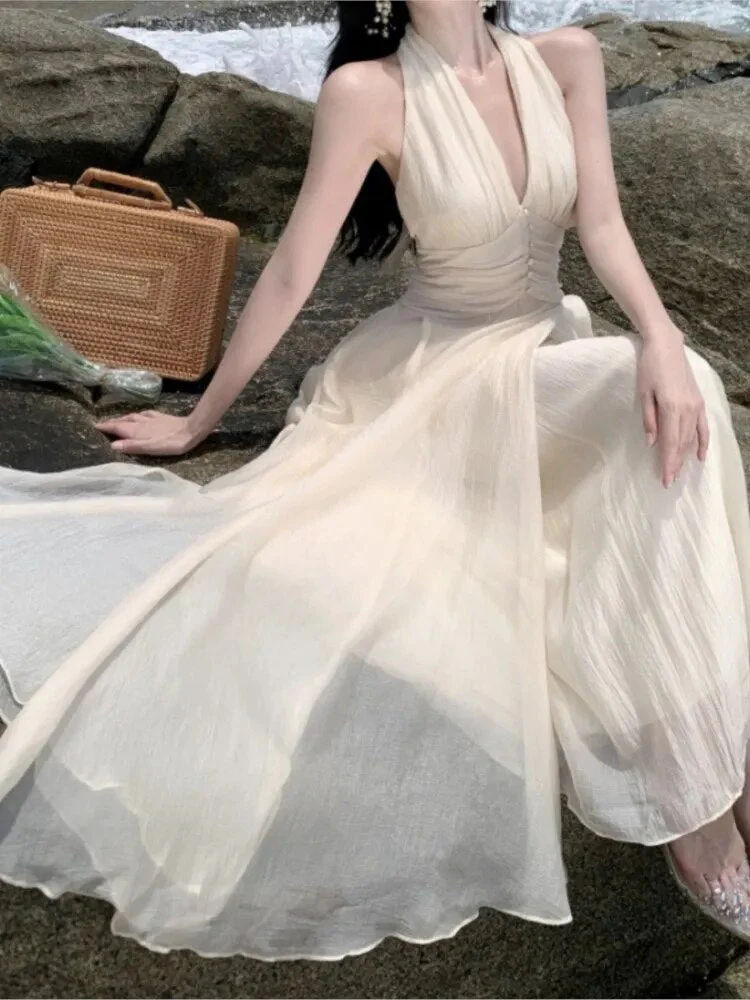 Summer Sleeveless Halter Long White Maxi Dress Elegant Tight Waist V-neck Beach Dress Robes Du Soir Evening Dresses Wedding Prom - Deanwangkt