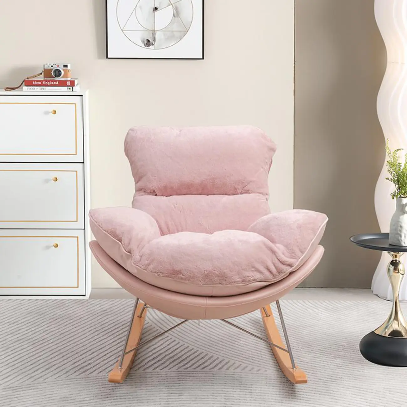 Modern Flannel Upholstered Armless Rocking Chair with Ottoman