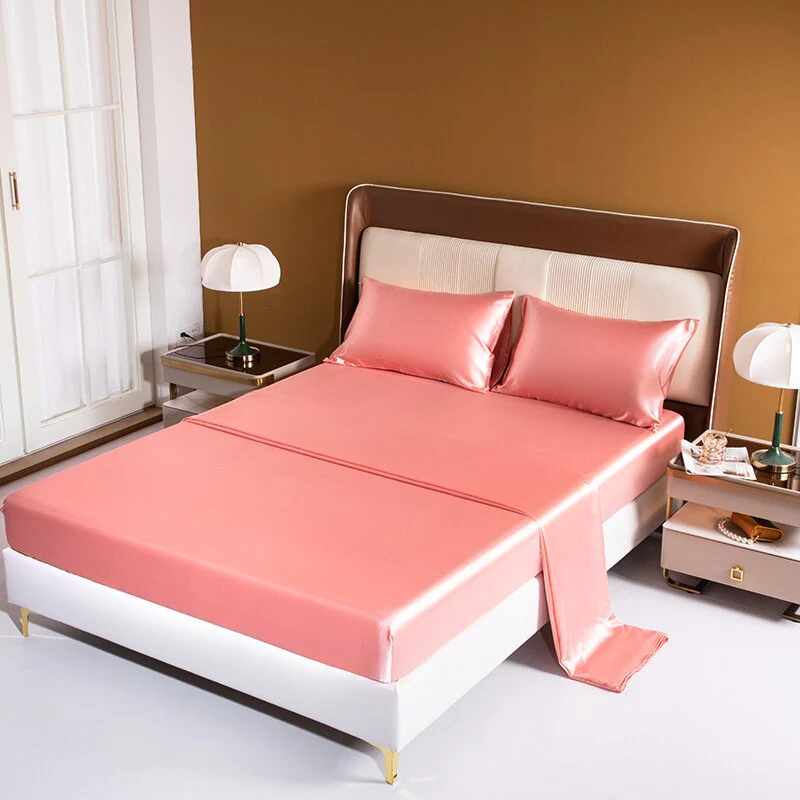 HULIANFU Satin Silk Sheet Set King Size Luxury Rayon Flat Sheet Set Solid Color Bed Sheet Set Single Double Fitted Sheet Set - Deanwangkt