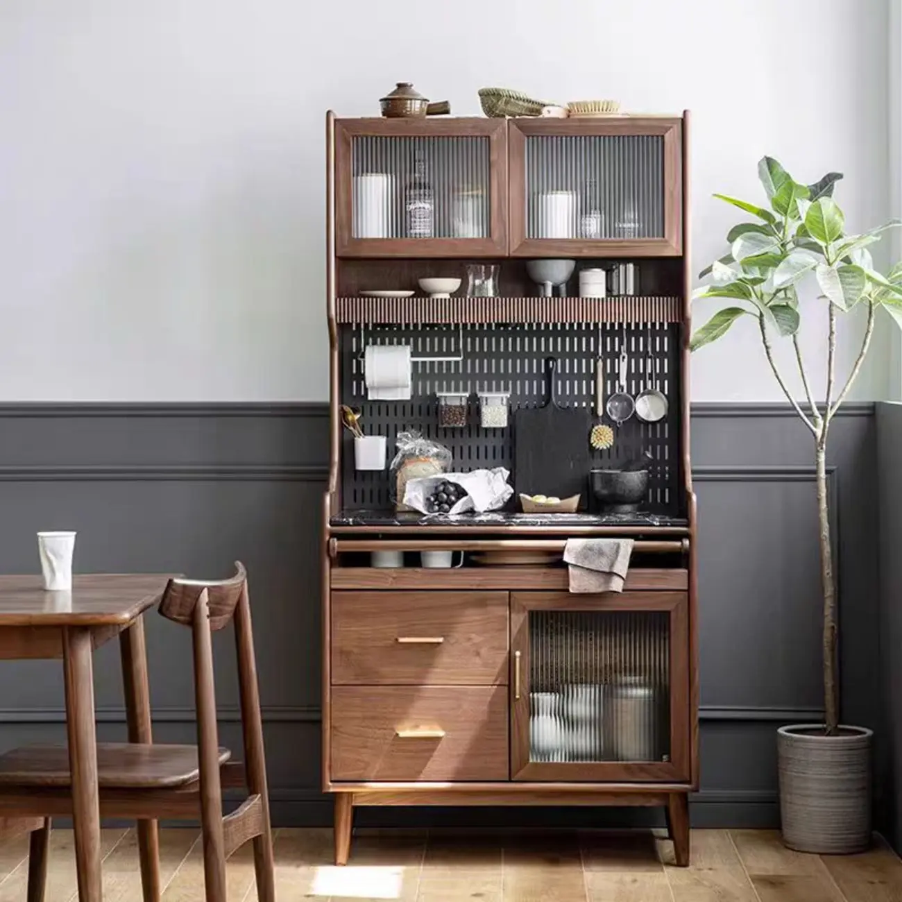 Kitchen Brown Wooden Open Storage Sideboard with Hutch