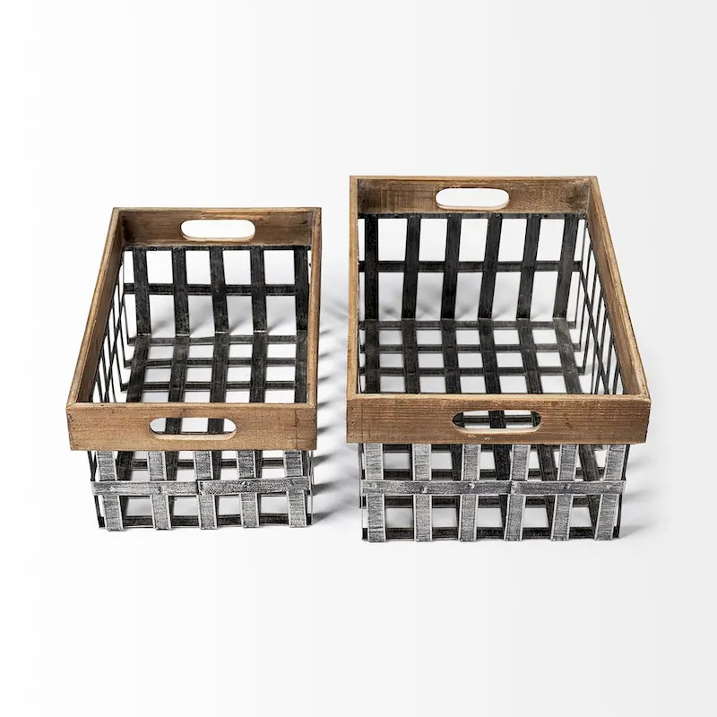 Chartrand Wood And Metal Open Crate Style Baskets, Set of 2 - Small