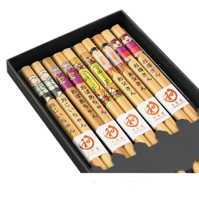 HULIANFU Reusable 5 Pair Set Handmade Bamboo Japanese Natural Wood Chopsticks Sushi Food Cat Flower Multi color Wooden Chop sticks - Deanwangkt