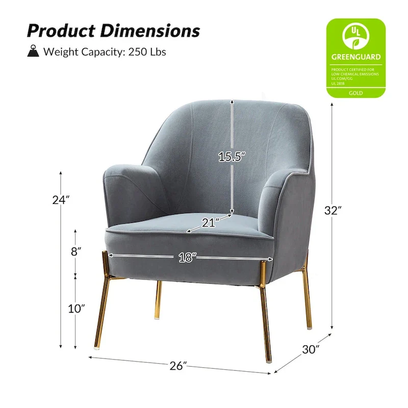 Ma Modern Velvet Accent Chair with Golden Legs Set of 2 by