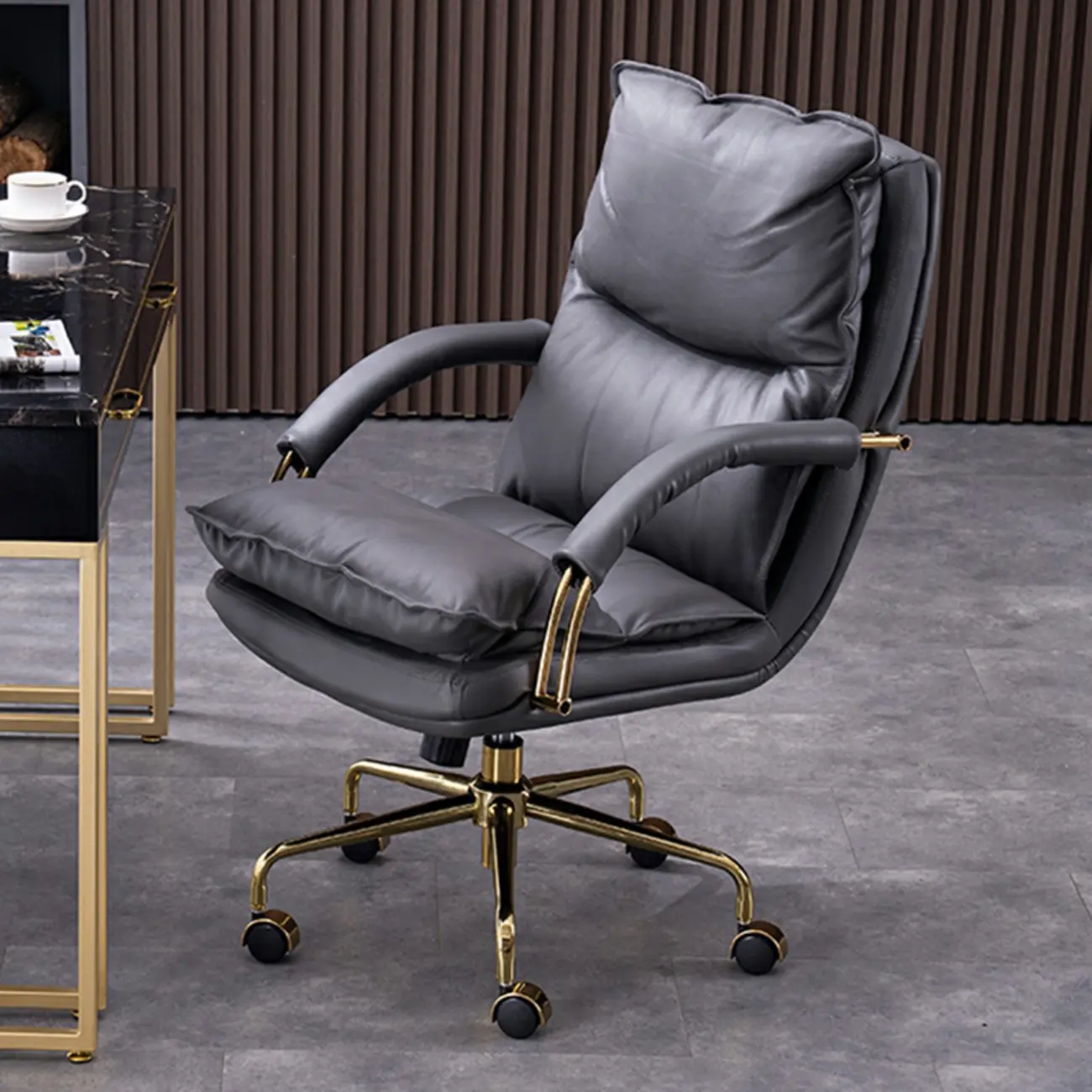 Brown Genuine Leather Ergonomic Wheeled Office Chair